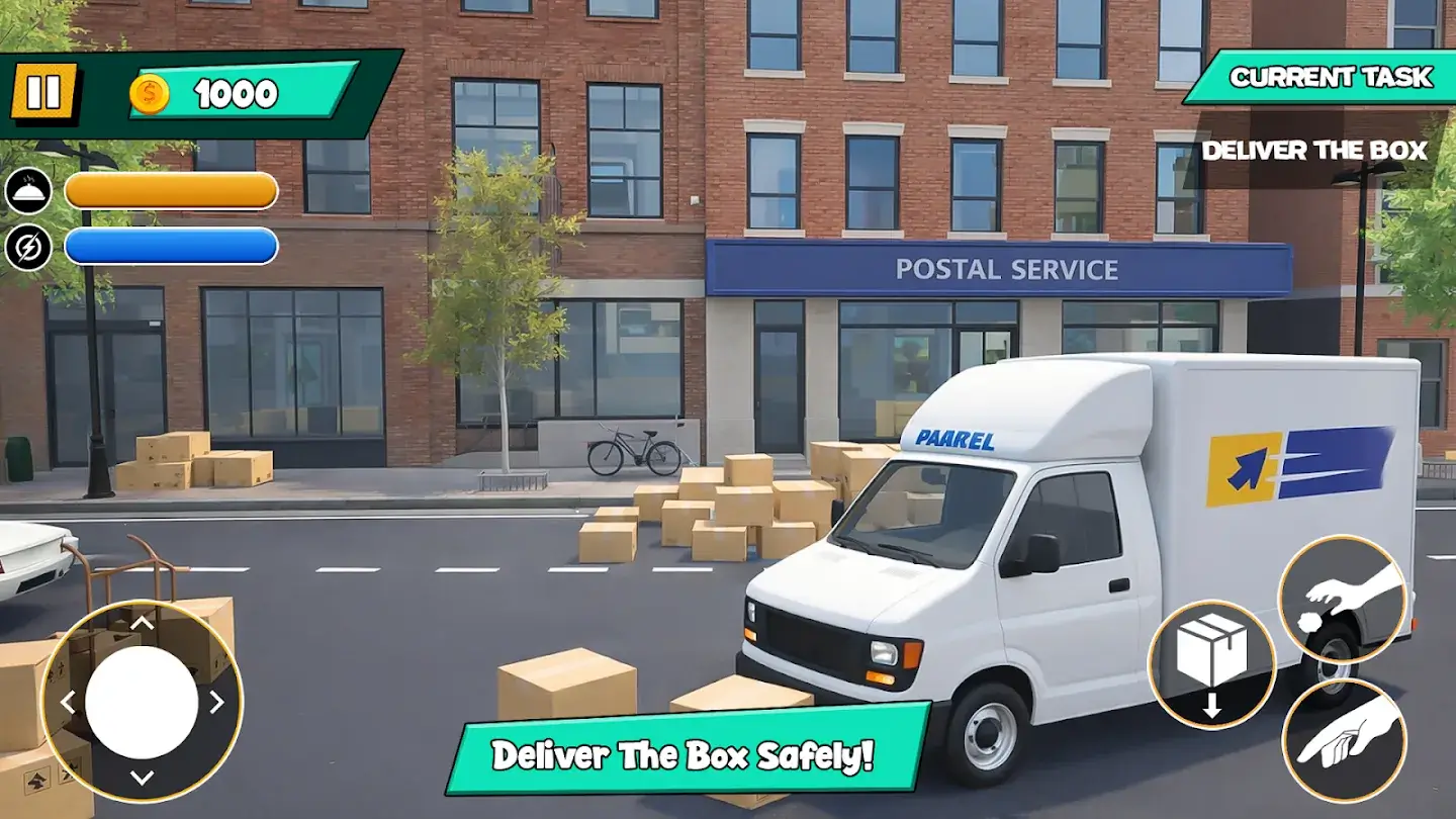 Delivery van parked outside a postal service building in Parcel Delivery Simulator Game