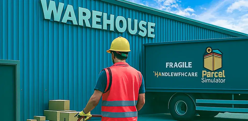Warehouse worker wheeling parcels towards a Parcel Simulator delivery truck